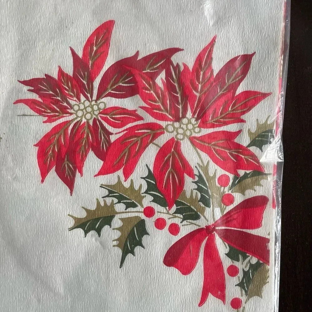 NOS NIP Vintage 60s 70s Paper Tablecloth Poinsetta 96” x 54”